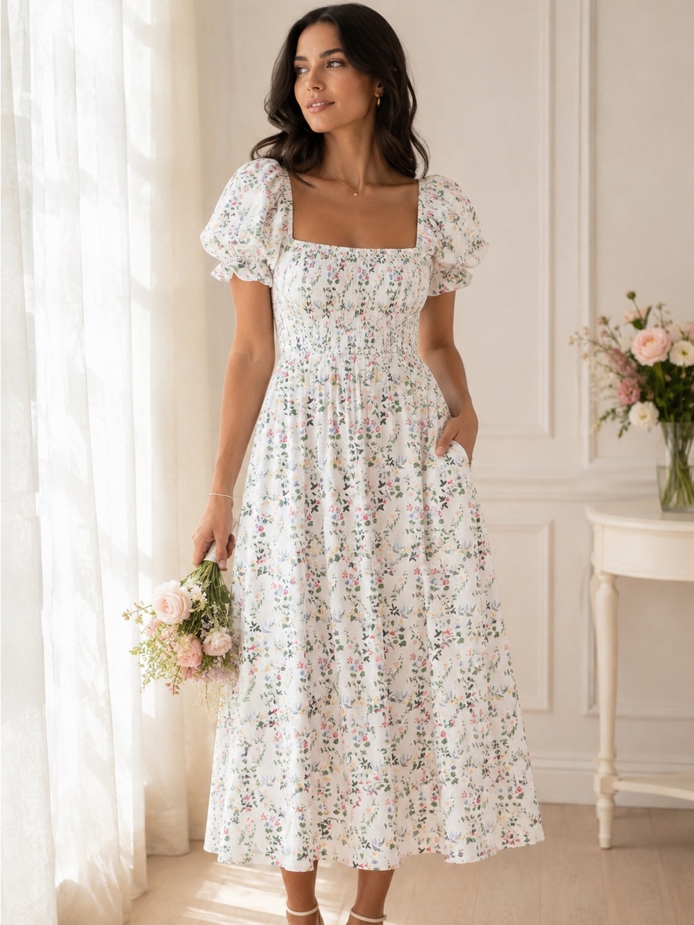 Morning Lavender Delilah Floral Cotton Midi Dress Puff Sleeve Smocked Sz Small